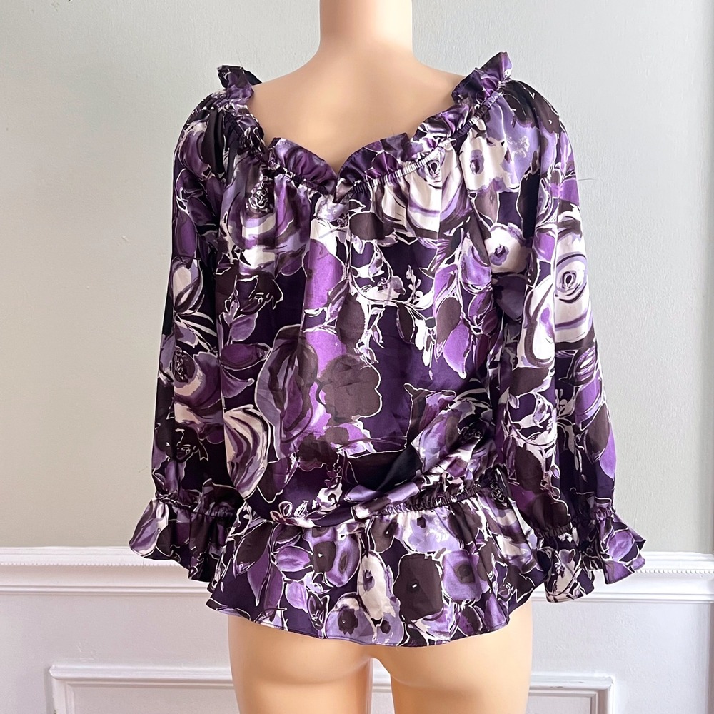 MSK Floral Peplum Blouse Womens Large Off Shoulder Ruffle Purple Rose Boho Top - Picture 5 of 11